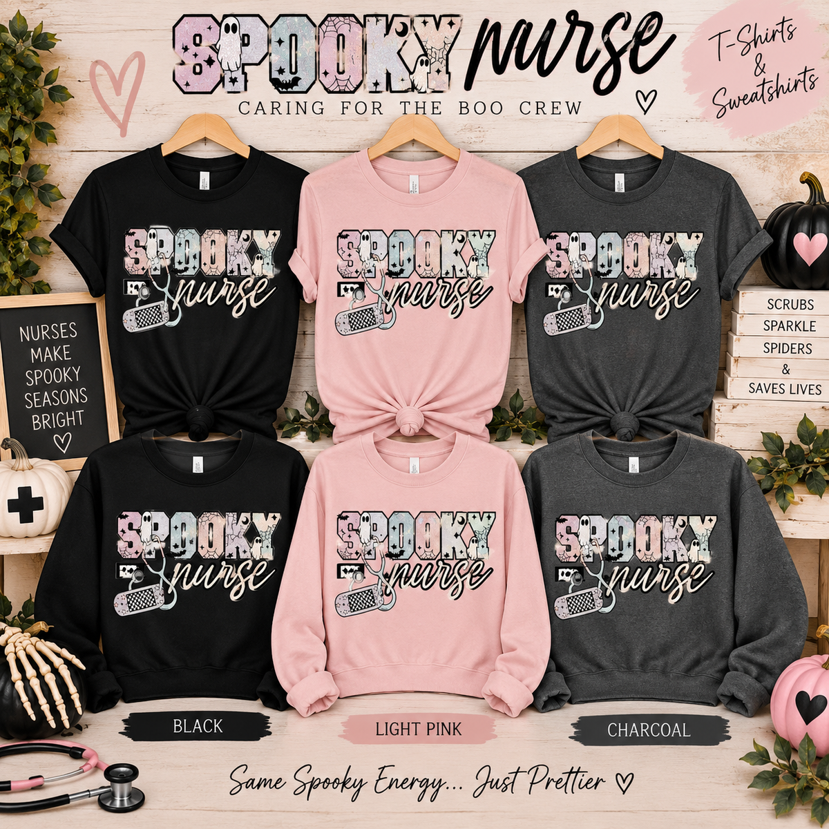 Spooky Nurse Screen Print Glitter Shirt