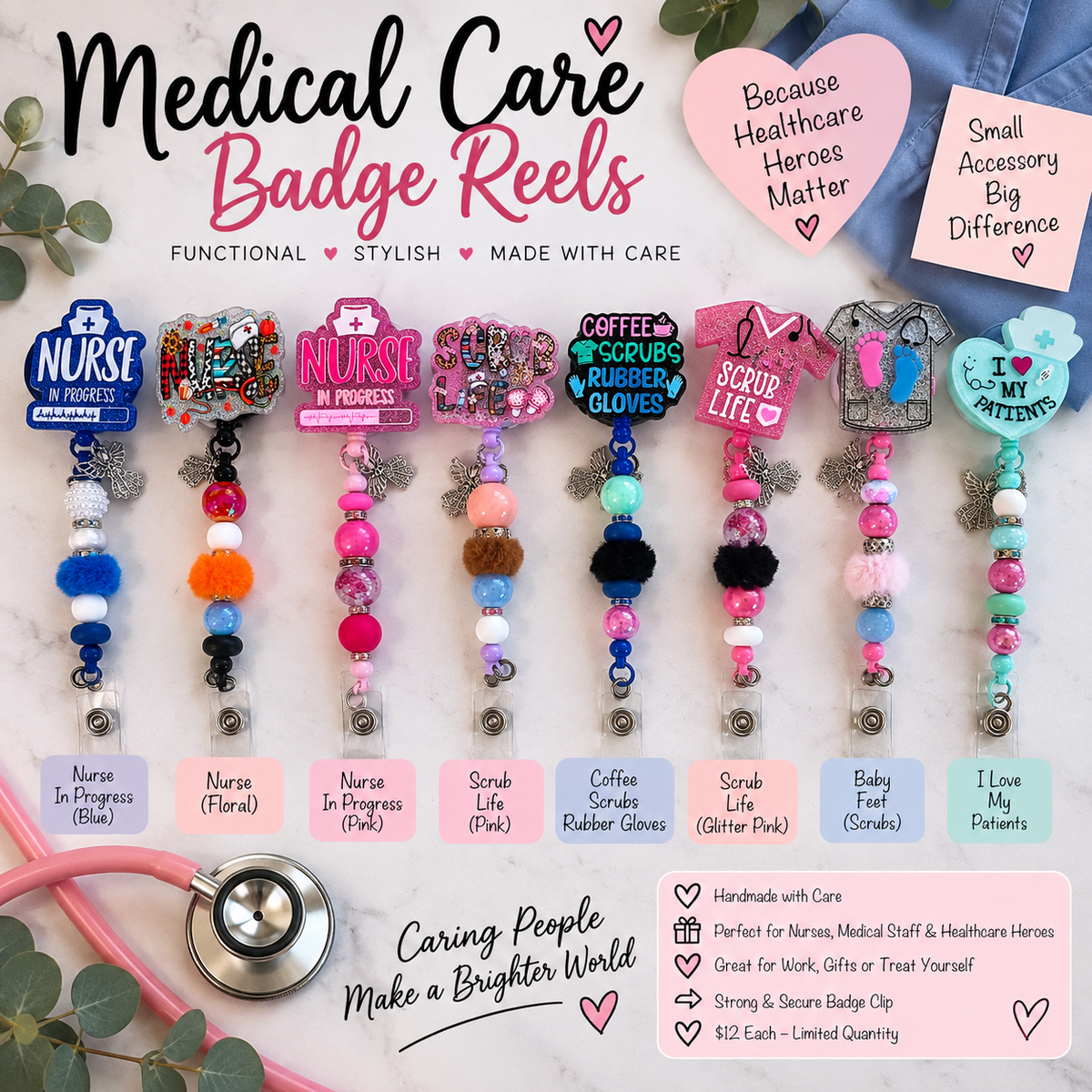 Medical Care Beaded Badge Reels β Choose Your Style β Ready to Ship
