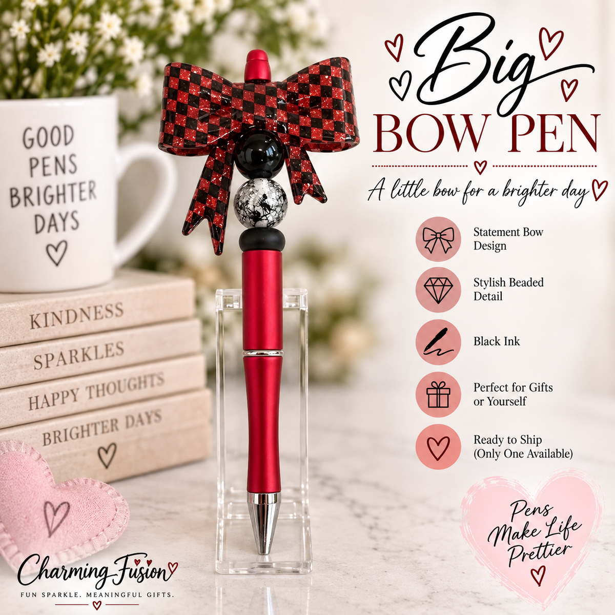 Big Bow Beaded Pen β Red & Black Statement Pen β Ready to Ship