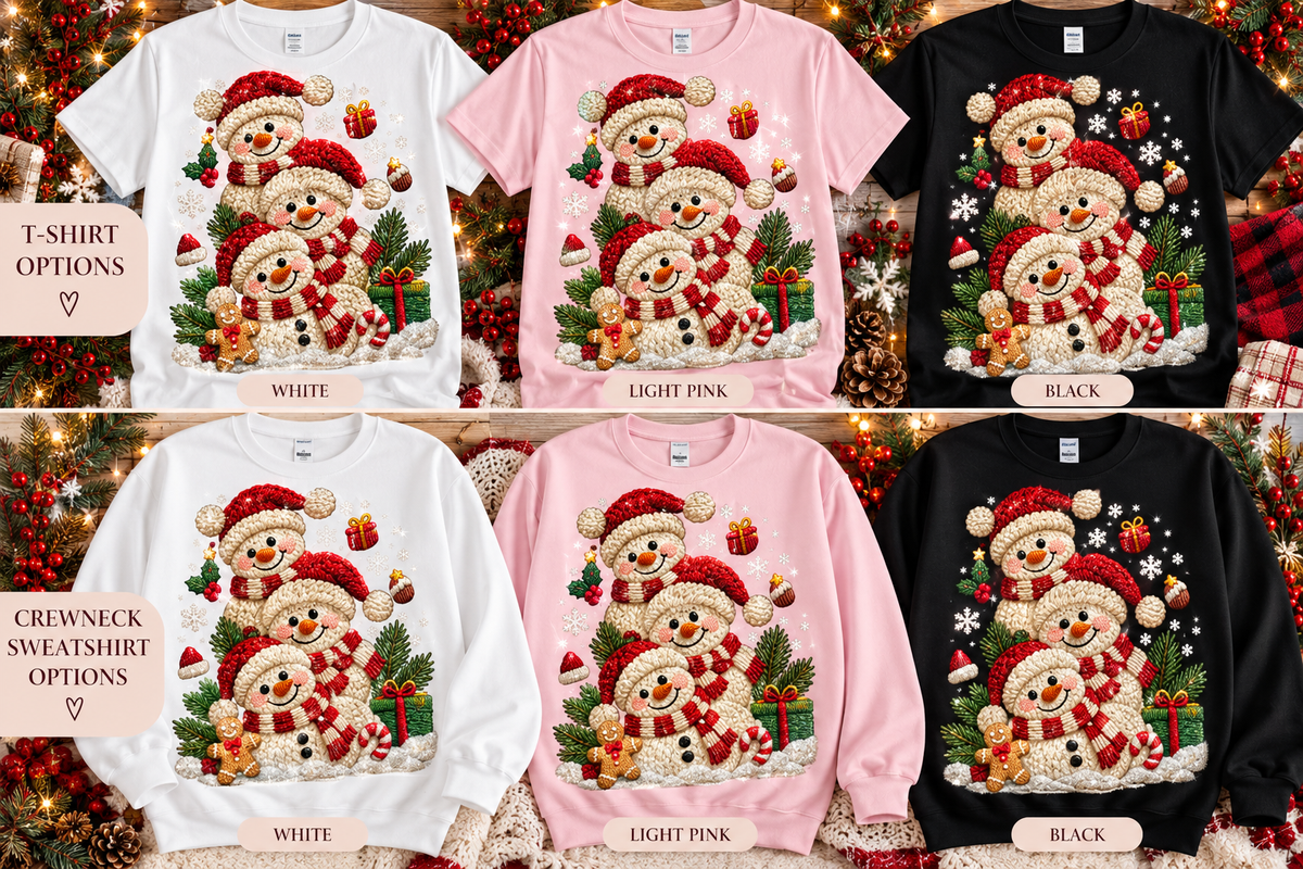 Snowman Family Glitter Christmas T-Shirt & Crewneck Sweatshirt