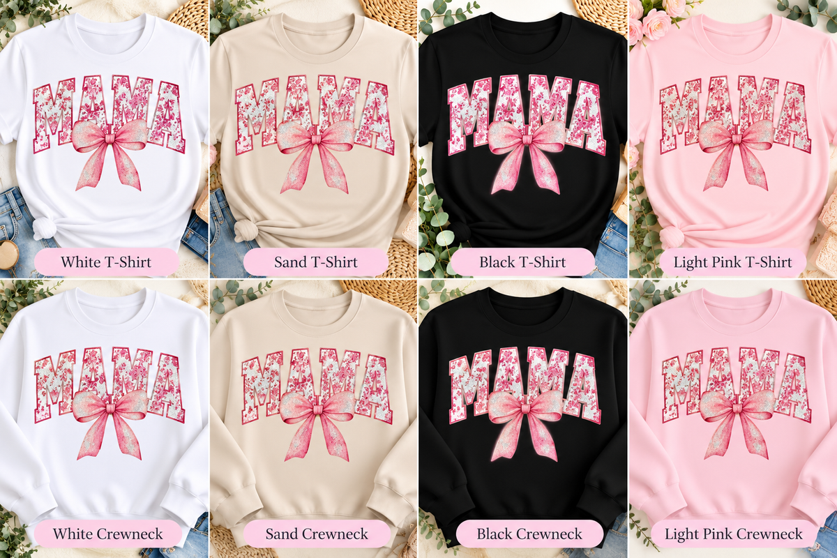 Pink Floral MaMa Bow – Screen Print Glitter T-Shirt & Crewneck Sweatshirt
