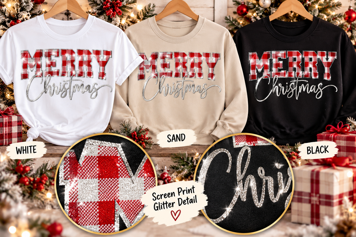 Buffalo Check Merry Christmas Glitter T-Shirt & Crewneck Sweatshirt
