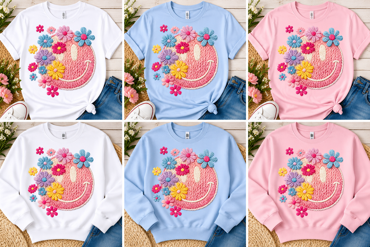 Floral Smiley Face Glitter T-Shirt & Crewneck Sweatshirt | Colorful Daisy Design