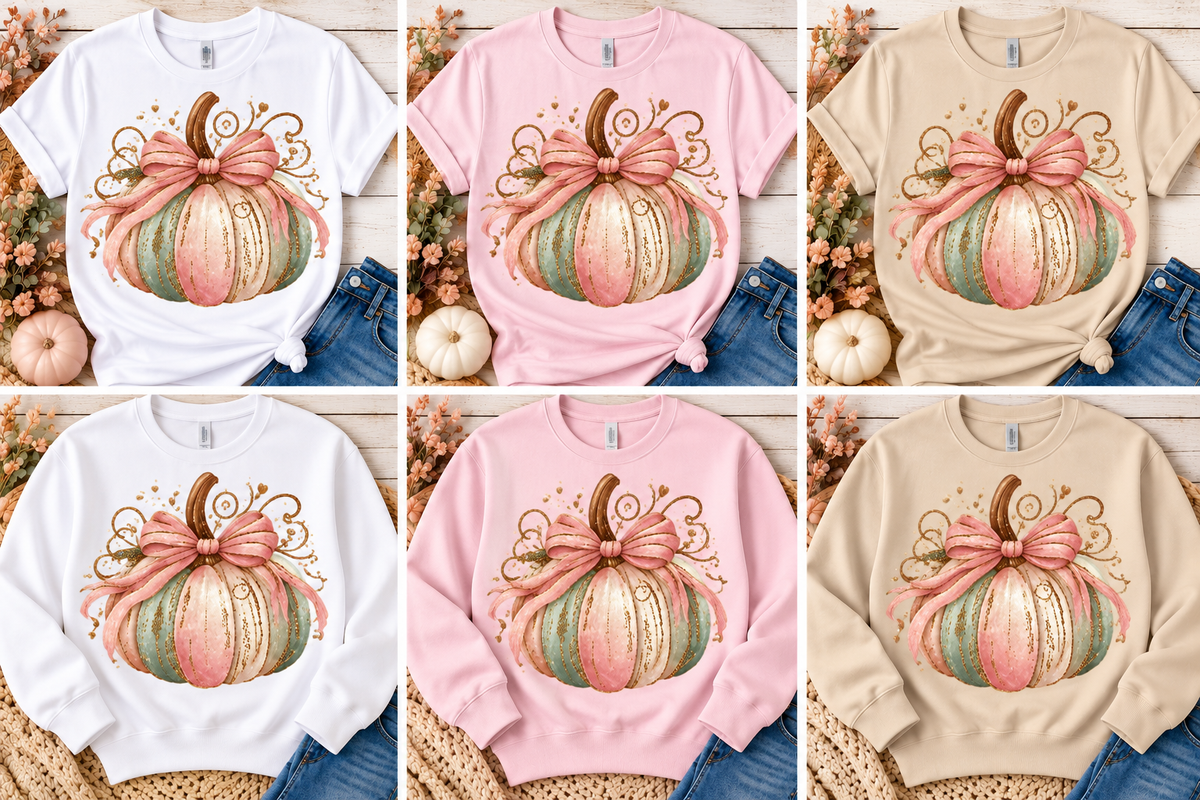 Pastel Pumpkin Glitter T-Shirt & Crewneck Sweatshirt | Pink Bow Fall Design