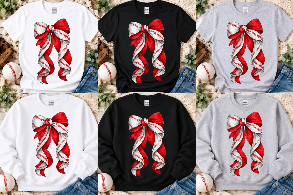 Baseball Glitter Bow – Screen Print Glitter T-Shirt & Crewneck Sweatshirt