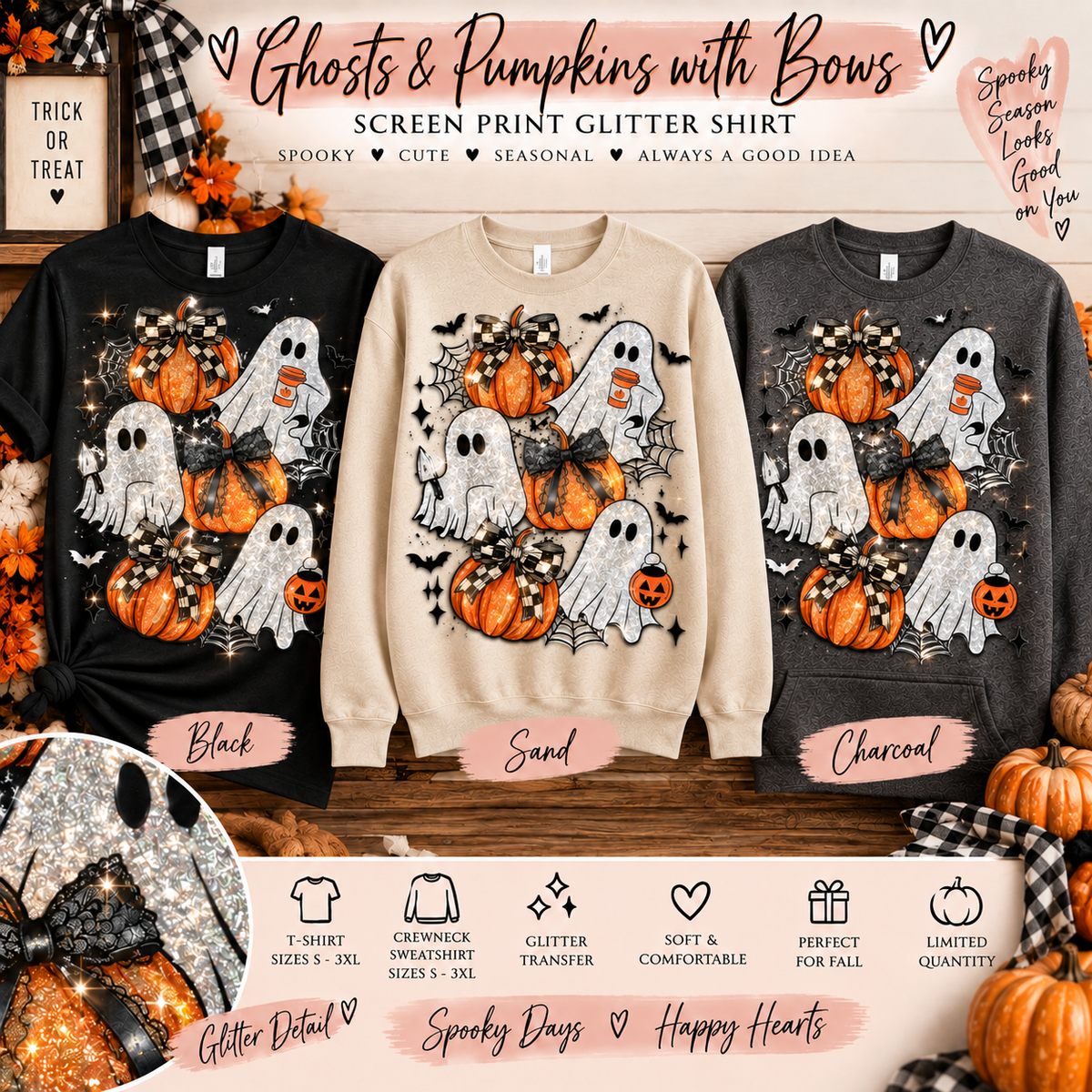 Ghosts & Pumpkins with Bows Screen Print Glitter Transfer