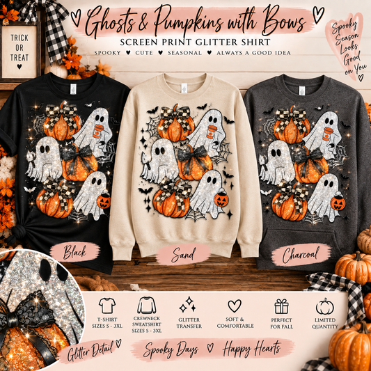 Ghosts & Pumpkins with Bows Screen Print Glitter Transfer