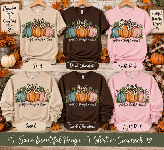 Grateful Thankful Blessed Pumpkins Screen Print Glitter Shirt