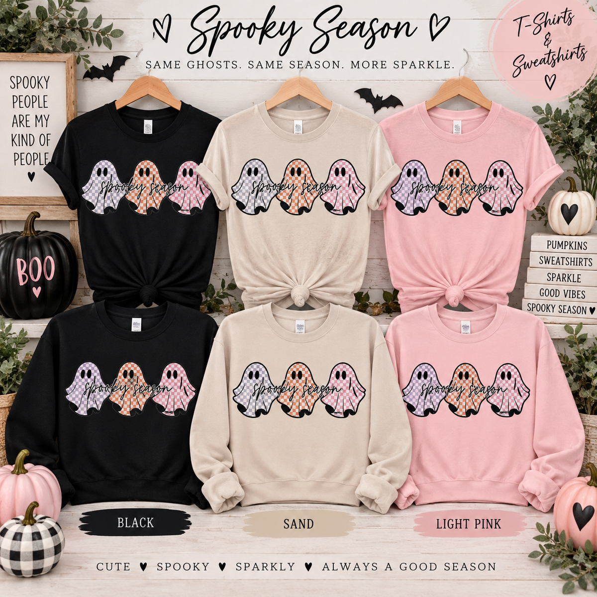 Spooky Season Checkerboard Ghosts Screen Print Glitter Shirt