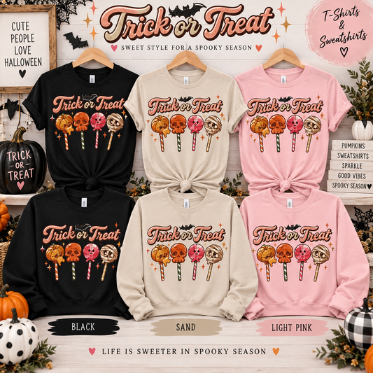 Trick or Treat Lollipops Screen Print Glitter Shirt