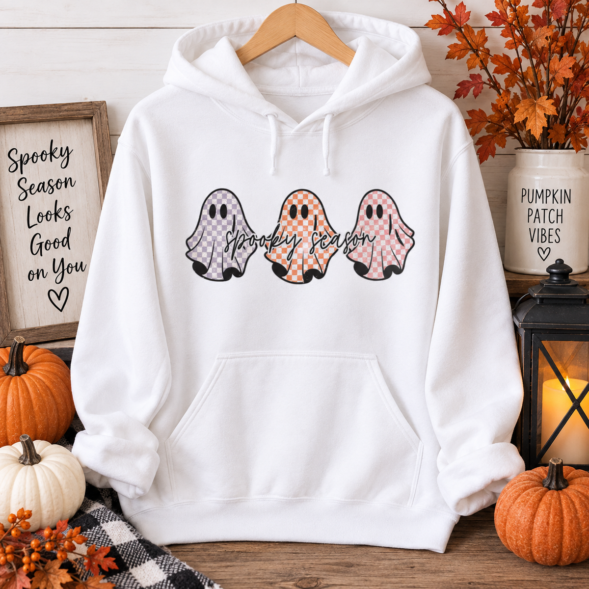 Spooky Season Checkerboard Ghosts Hoodie – Ready to Ship