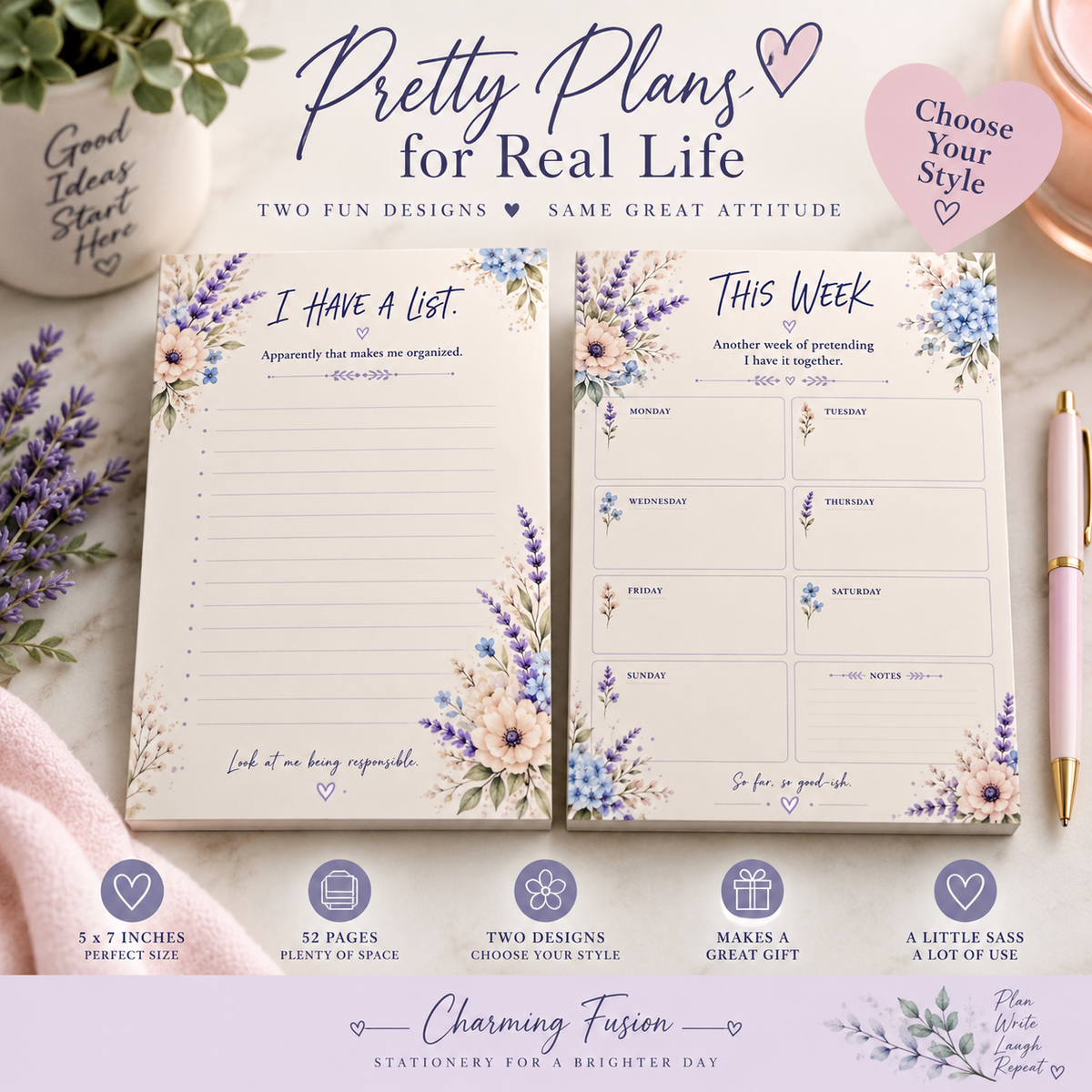 Pretty Plans & a Little Sass – 5×7 Floral Notepads