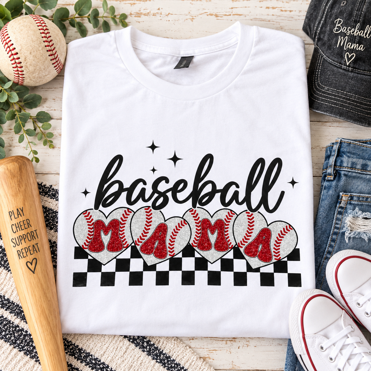 Baseball Mama Glitter T-Shirt – White – Ready to Ship