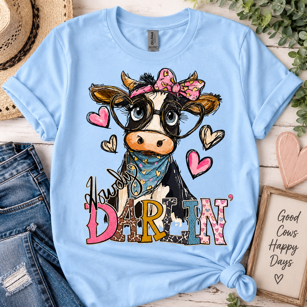 Howdy Darlin’ Cow Glitter Apparel – T-Shirt or Hoodie – Ready to Ship