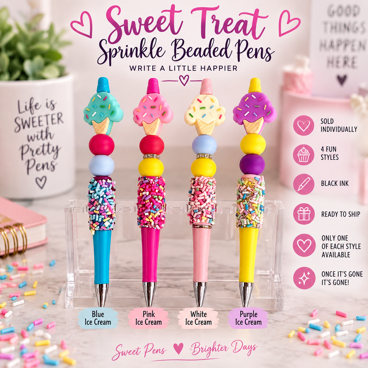 Sweet Treat Sprinkle Beaded Pens – Choose Your Color – Ready to Ship