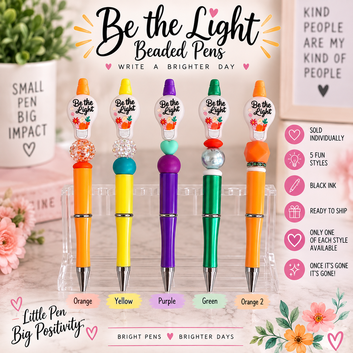Be the Light Beaded Pens – Choose Your Color – Ready to Ship