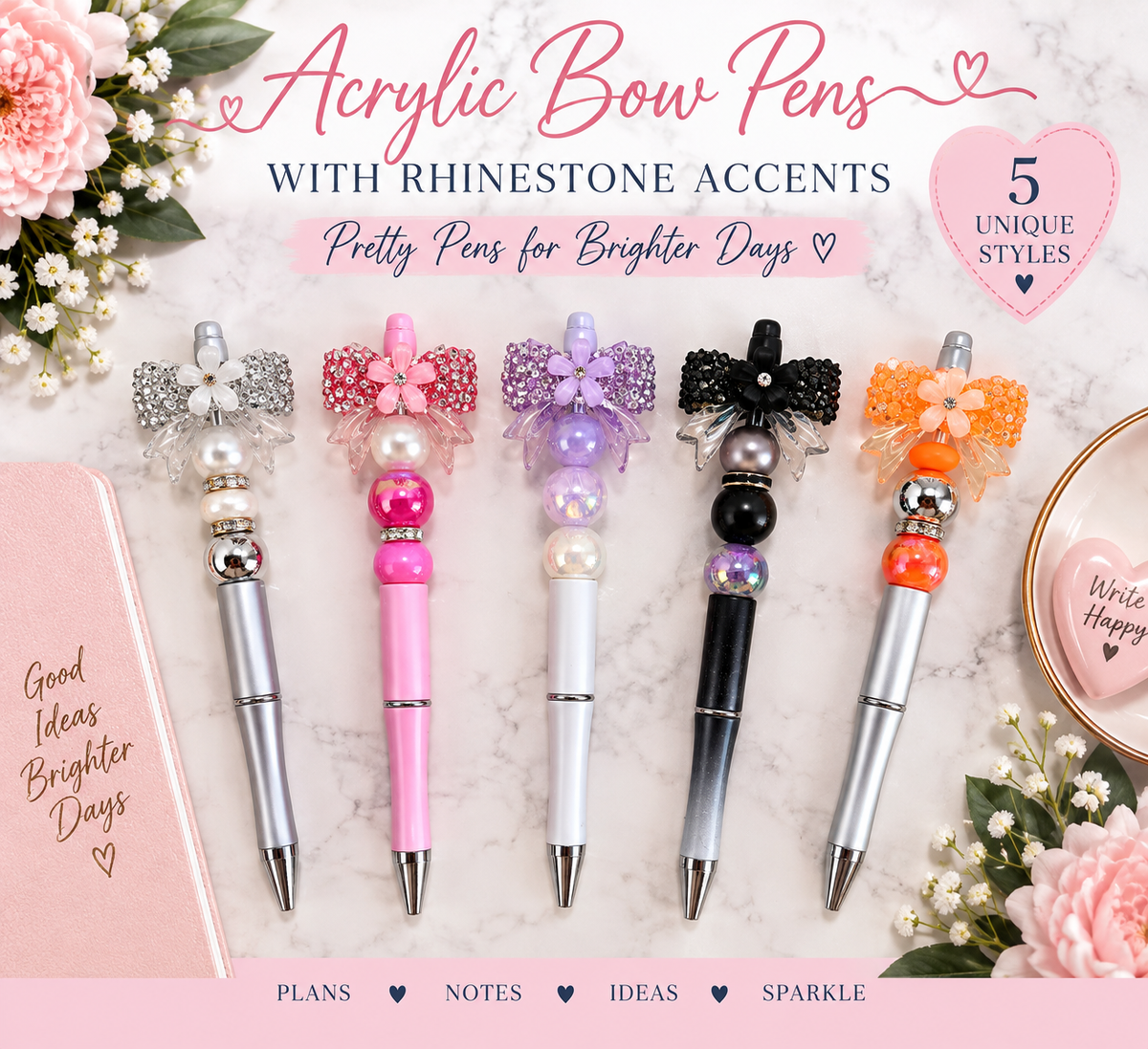 Acrylic Bow Beaded Pens with Rhinestone Accents – Choose Your Style – Ready to Ship