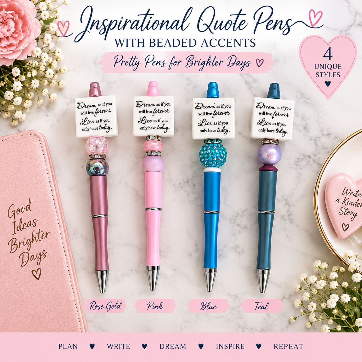 Dream & Live Inspirational Beaded Pens – Choose Your Color – Ready to Ship