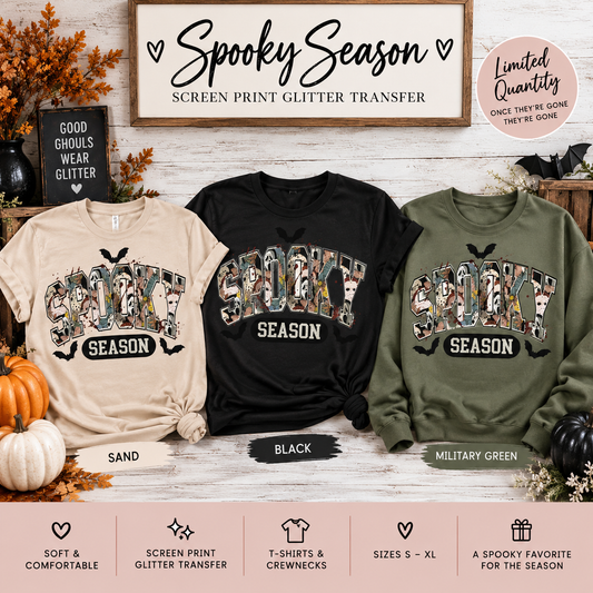 Spooky Season – Horror Collage Screen Print Glitter Shirt