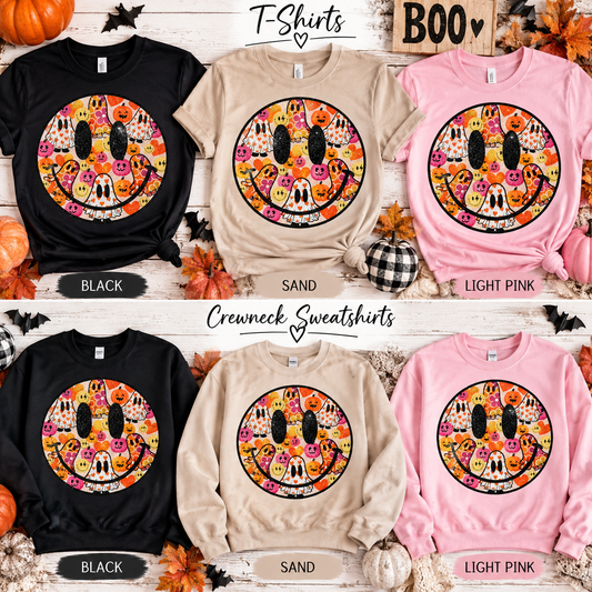 Retro Halloween Smiley Screen Print Glitter Shirt