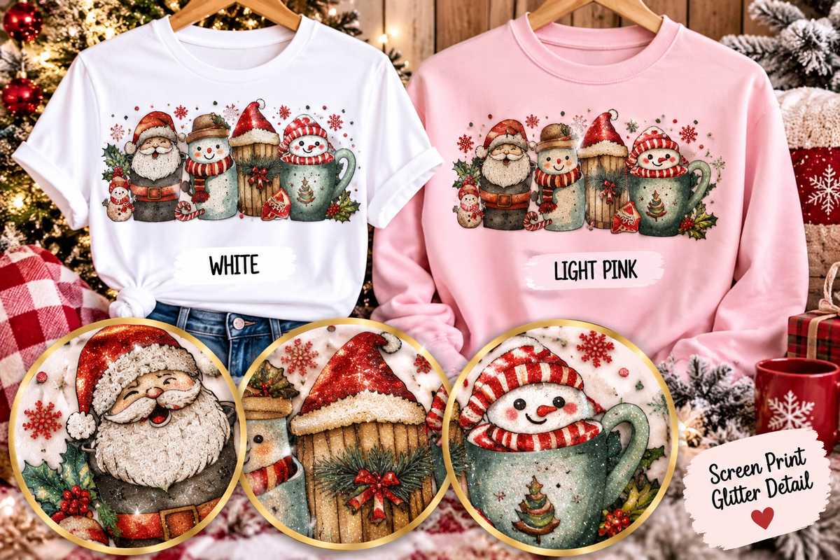 Cozy Christmas Friends Glitter T-Shirt & Crewneck Sweatshirt