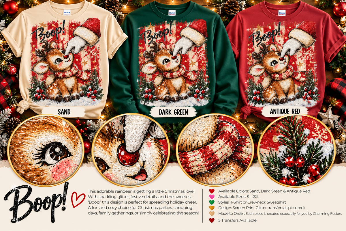 Boop! Christmas Reindeer Glitter T-Shirt & Crewneck Sweatshirt