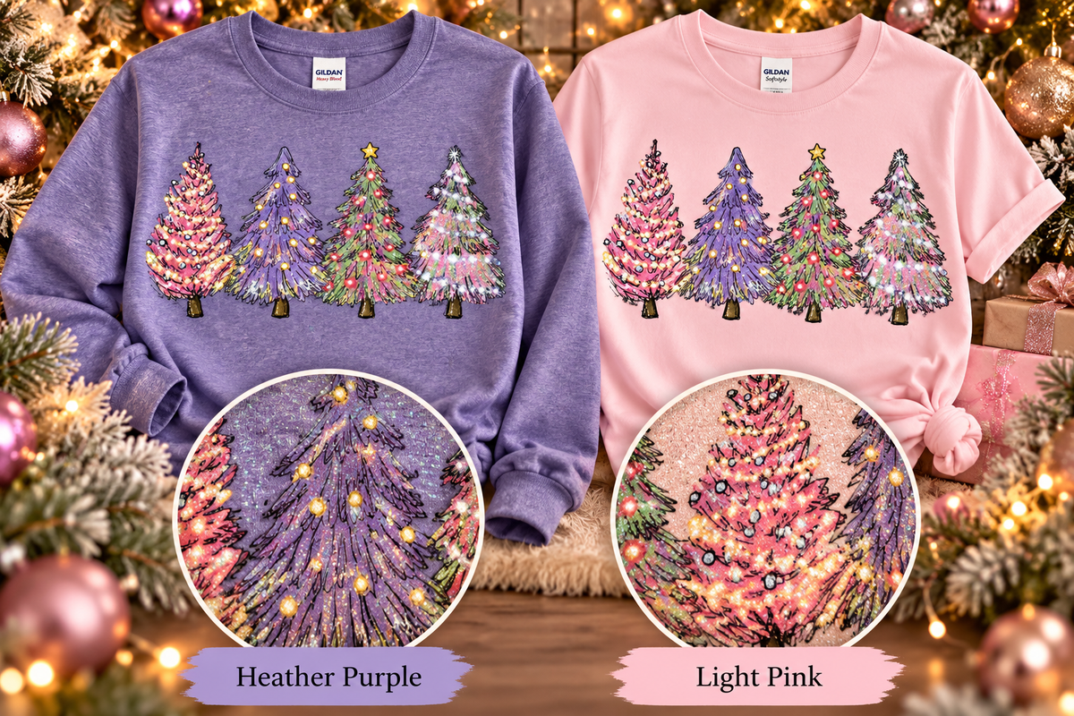 Pastel Christmas Trees Glitter T-Shirt & Crewneck Sweatshirt