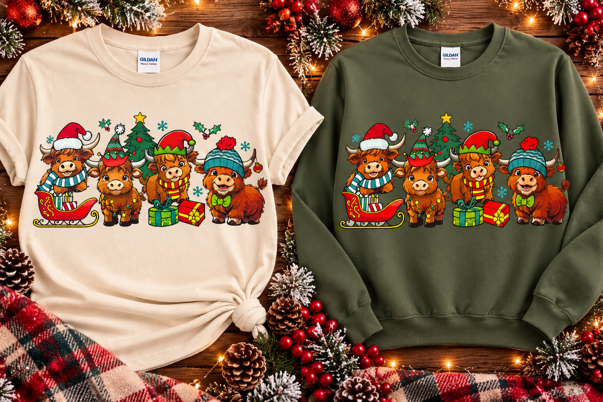 Christmas Highland Cows Glitter T-Shirt & Crewneck Sweatshirt