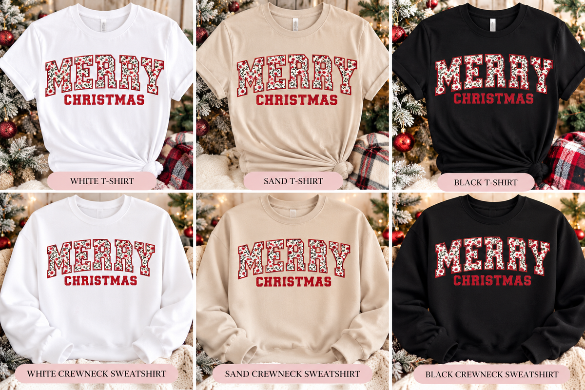 Floral Merry Christmas Glitter T-Shirt & Crewneck Sweatshirt