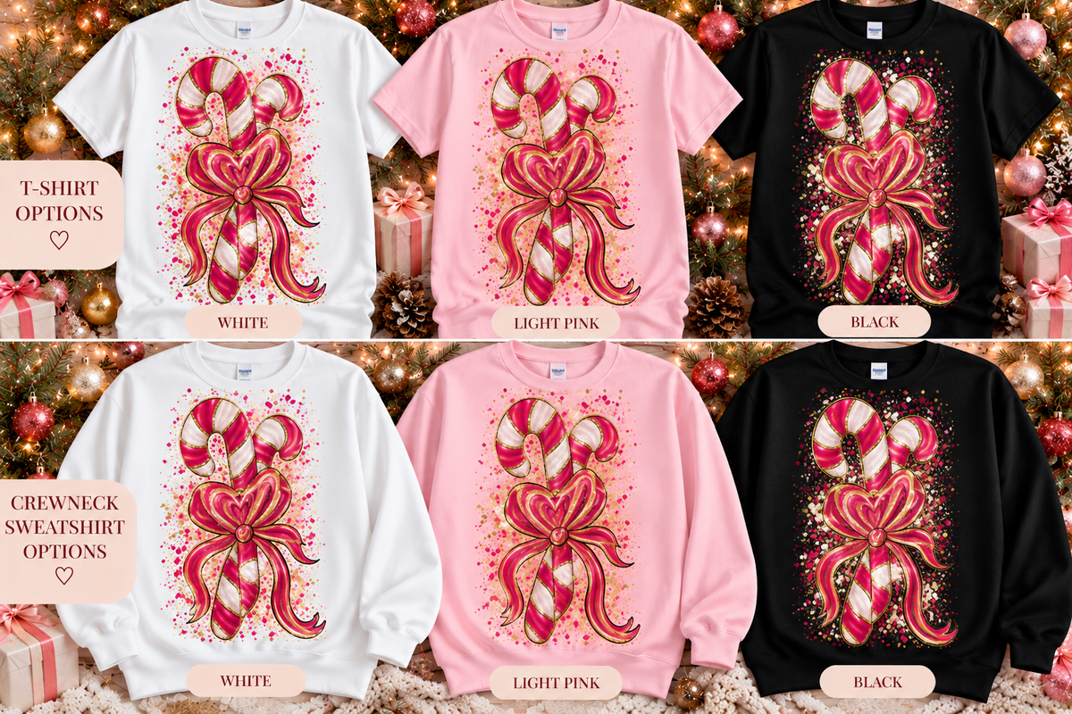 Pink Candy Cane Bow Glitter Christmas T-Shirt & Crewneck Sweatshirt