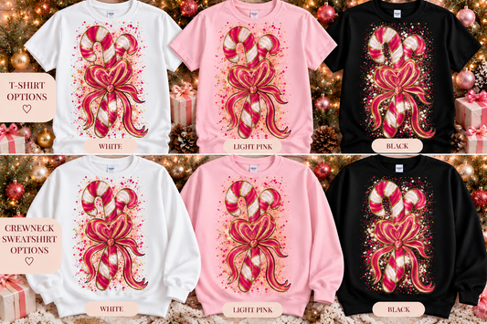 Pink Candy Cane Bow Glitter Christmas T-Shirt & Crewneck Sweatshirt