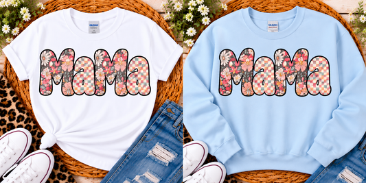 Pastel Checkered Floral MaMa – Screen Print Glitter T-Shirt & Crewneck Sweatshirt