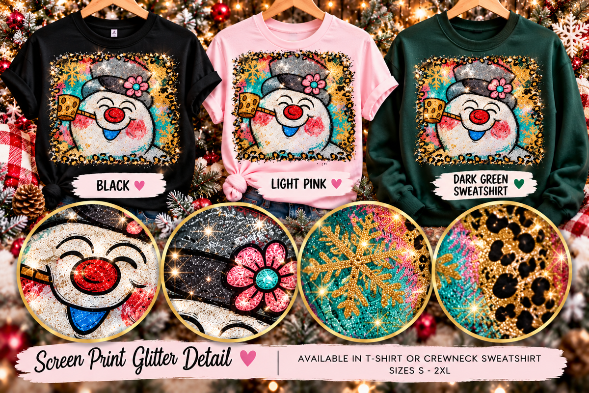 Happy Snowman Glitter Christmas T-Shirt & Crewneck Sweatshirt