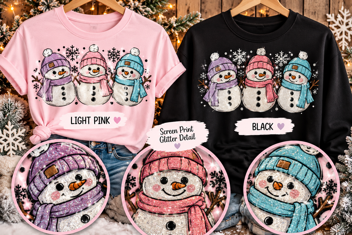 Pastel Snowman Trio Glitter Christmas T-Shirt & Crewneck Sweatshirt