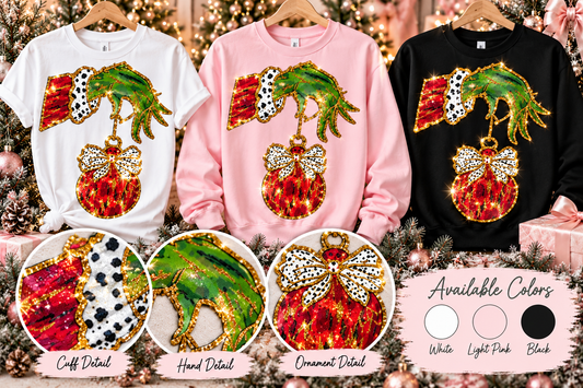 Grinch Hand Glitter Christmas T-Shirt & Crewneck Sweatshirt