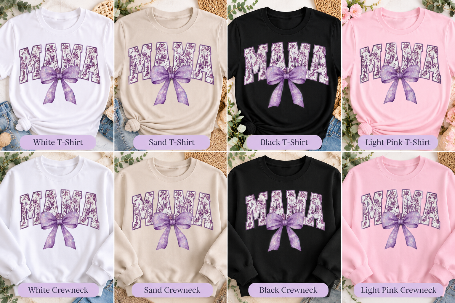 Lavender Floral MaMa Bow Screen Print Glitter T Shirt and Crewneck Swe ...