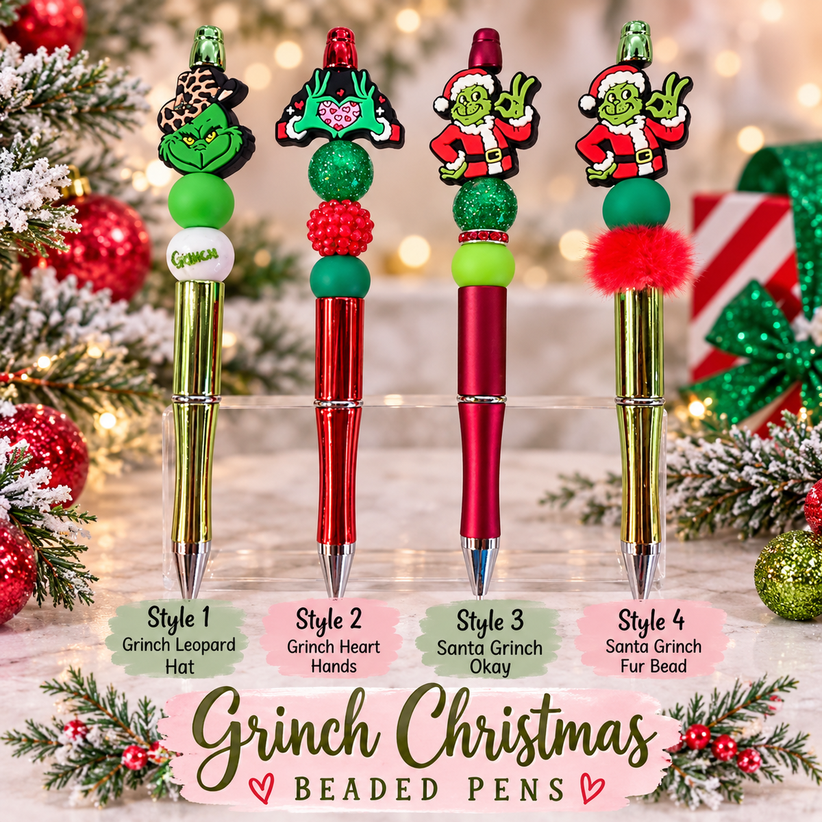 Grinch Christmas Beaded Pens – Ready to Ship
