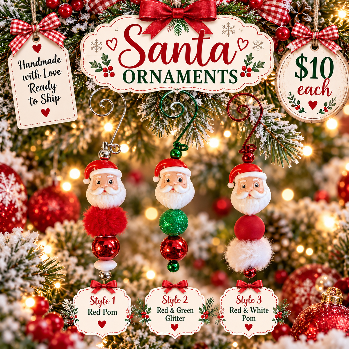 Handmade Santa Beaded Christmas Ornaments – Ready to Ship