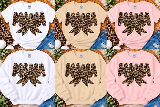 Leopard Print Mama Bow – Screen Print Glitter T-Shirt & Crewneck Sweatshirt