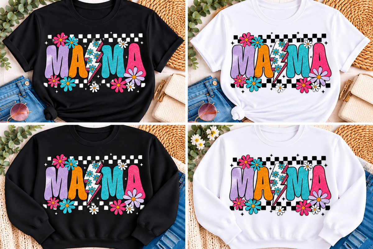 Retro Daisy MaMa – Screen Print Glitter T-Shirt & Crewneck Sweatshirt