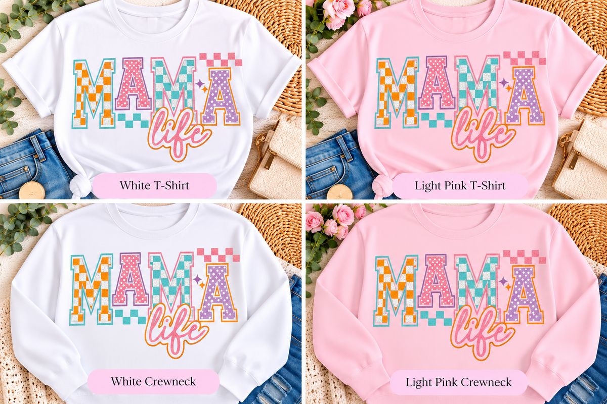 Pastel Checkered MAMA Life – Screen Print Glitter T-Shirt & Crewneck Sweatshirt