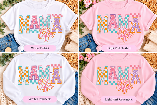 Pastel Checkered MAMA Life – Screen Print Glitter T-Shirt & Crewneck Sweatshirt