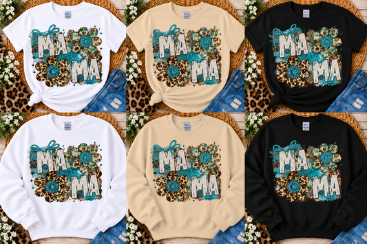 Turquoise Leopard Floral MaMa – Screen Print Glitter T-Shirt & Crewneck Sweatshirt