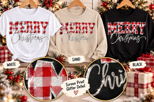 Buffalo Check Merry Christmas Glitter T-Shirt & Crewneck Sweatshirt