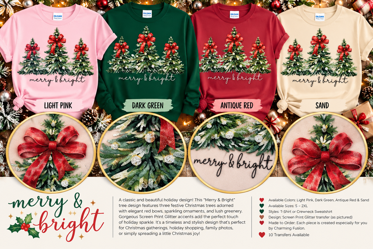 Merry & Bright Christmas Tree Glitter T-Shirt & Crewneck Sweatshirt