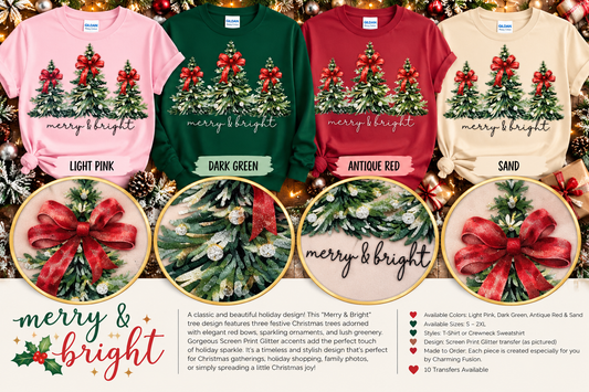 Merry & Bright Christmas Tree Glitter T-Shirt & Crewneck Sweatshirt