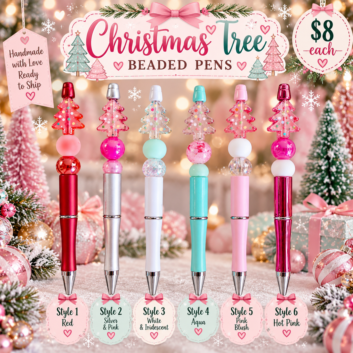 Pastel Christmas Tree Beaded Pens – Ready to Ship