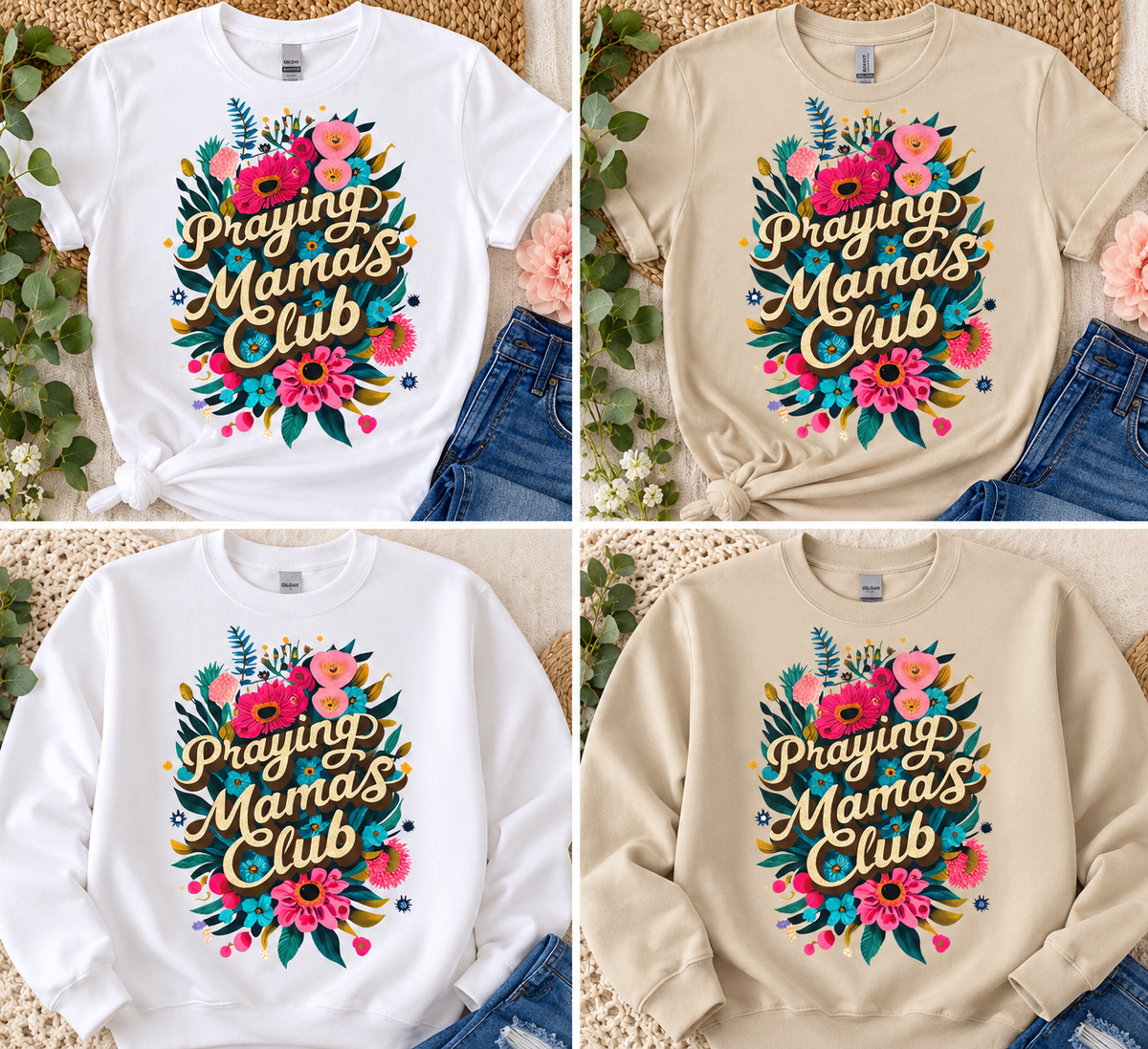 Praying Mamas Club – Floral Screen Print Glitter T-Shirt & Crewneck Sweatshirt