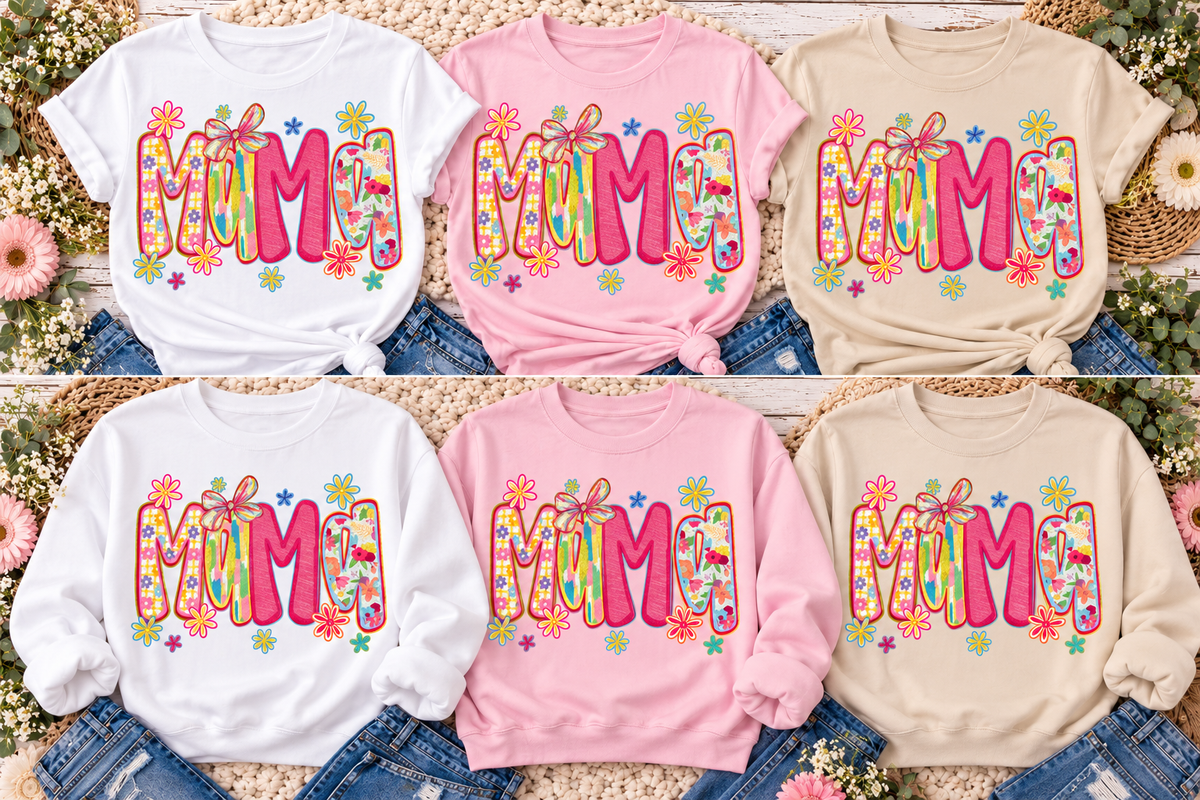 Pastel Floral Mama – Screen Print Glitter T-Shirt & Crewneck Sweatshirt