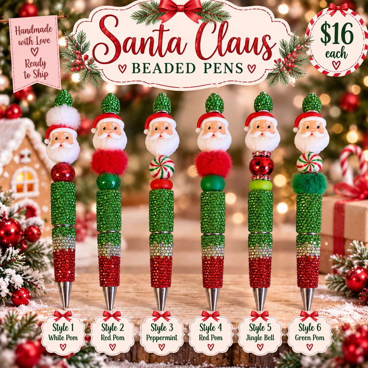 Santa Claus Rhinestone Beaded Pens – Ready to Ship